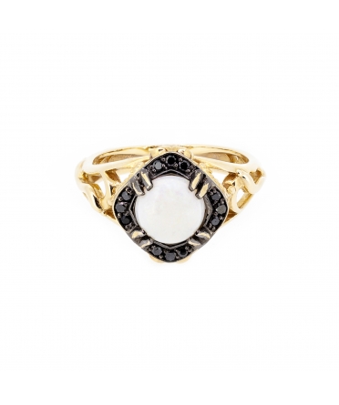 Gold open work opal and black diamonds ring - 1