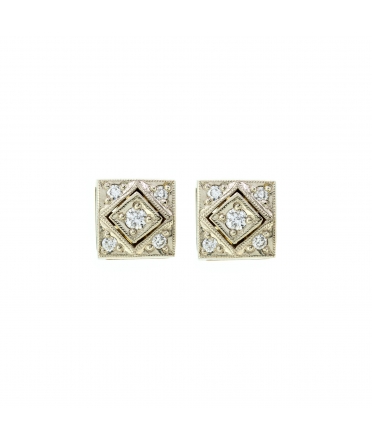 Gold square retro style diamond stud earrings - 1
