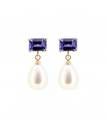 Gold stud earrings with pearls and tanzanites - 1