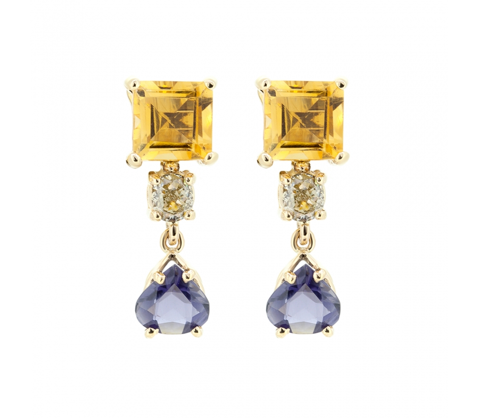 Gold stud earrings with diamond citrine and iolite - 1