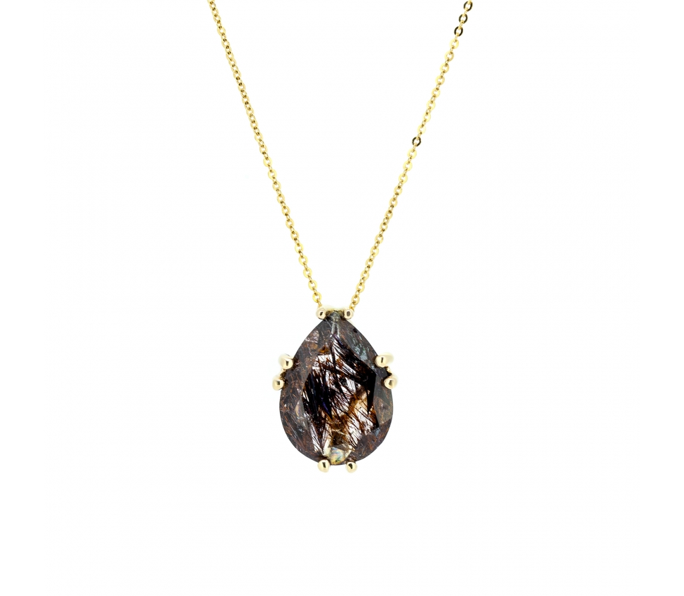 Gold necklace with tear drop cut smoky quartz 45 cm - 1