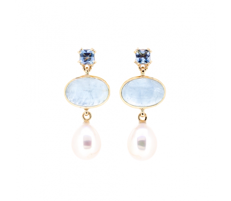 Gold stud earrings with aquamarine and pearls - 1