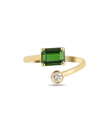 Złoty pierścionek z zielonym turmalinem i diamentem - 1