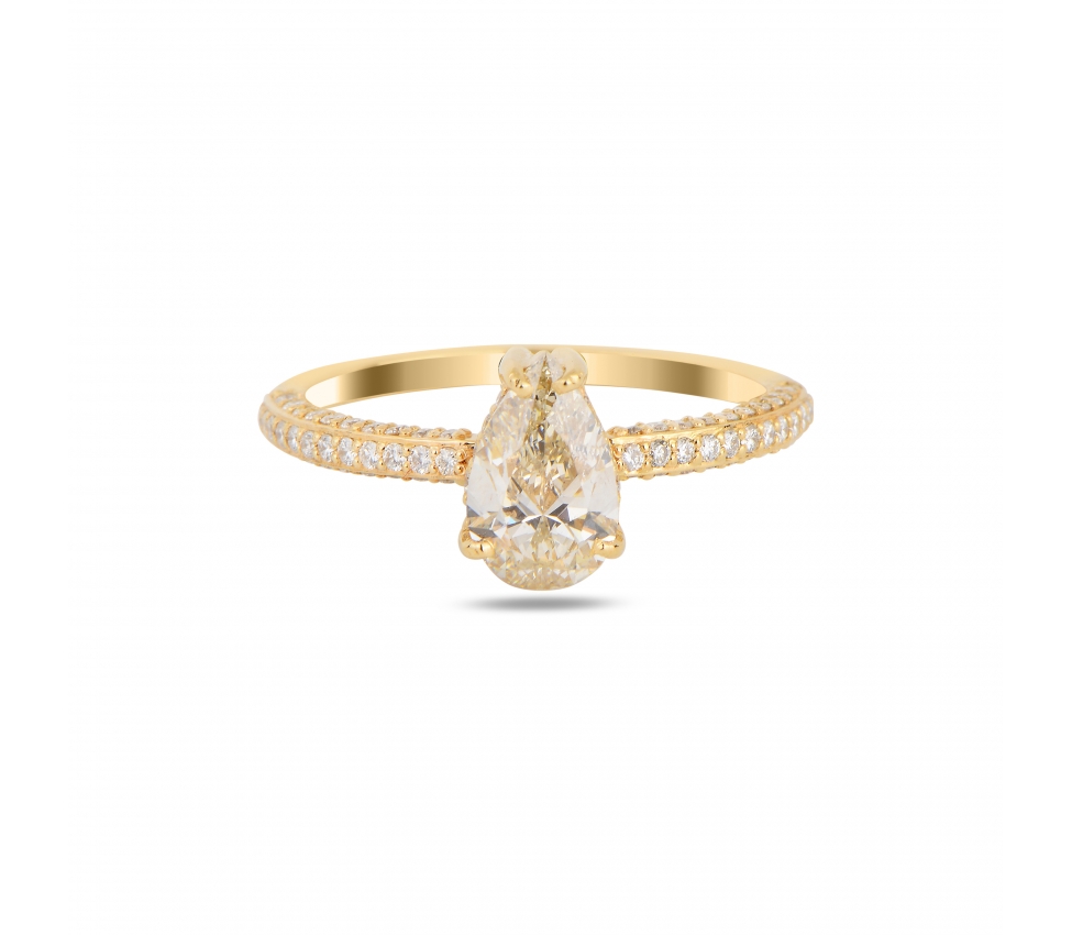 Złoty pierścionek z żółtym diamentem w szlifie gruszki - 1