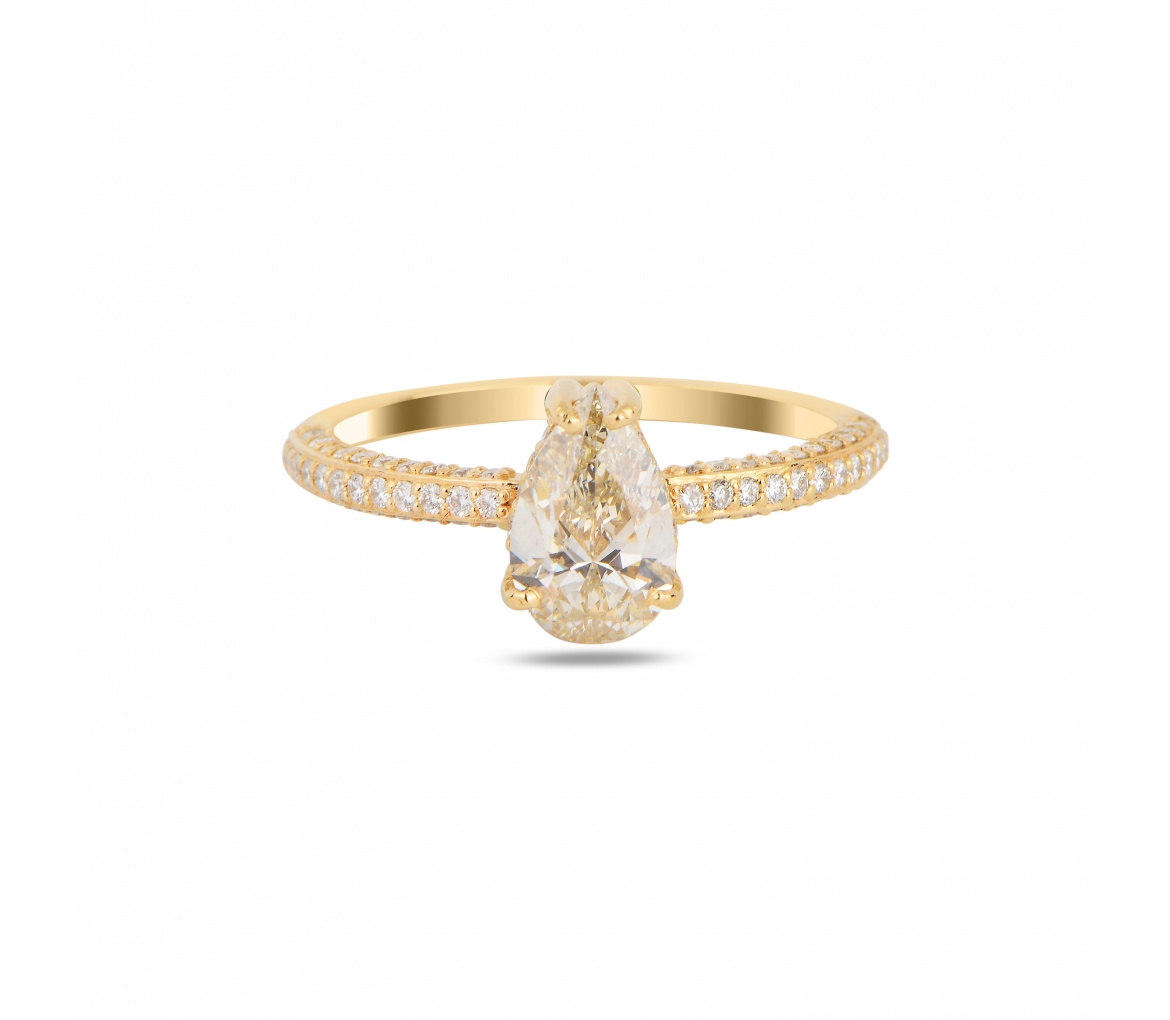 Złoty pierścionek z żółtym diamentem w szlifie gruszki - 1