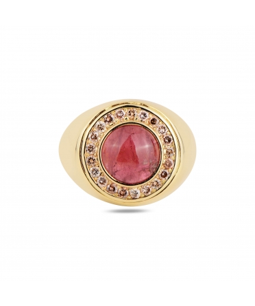 Złoty pierścionek sygnet z turmalinem i różowymi diamentami - 1