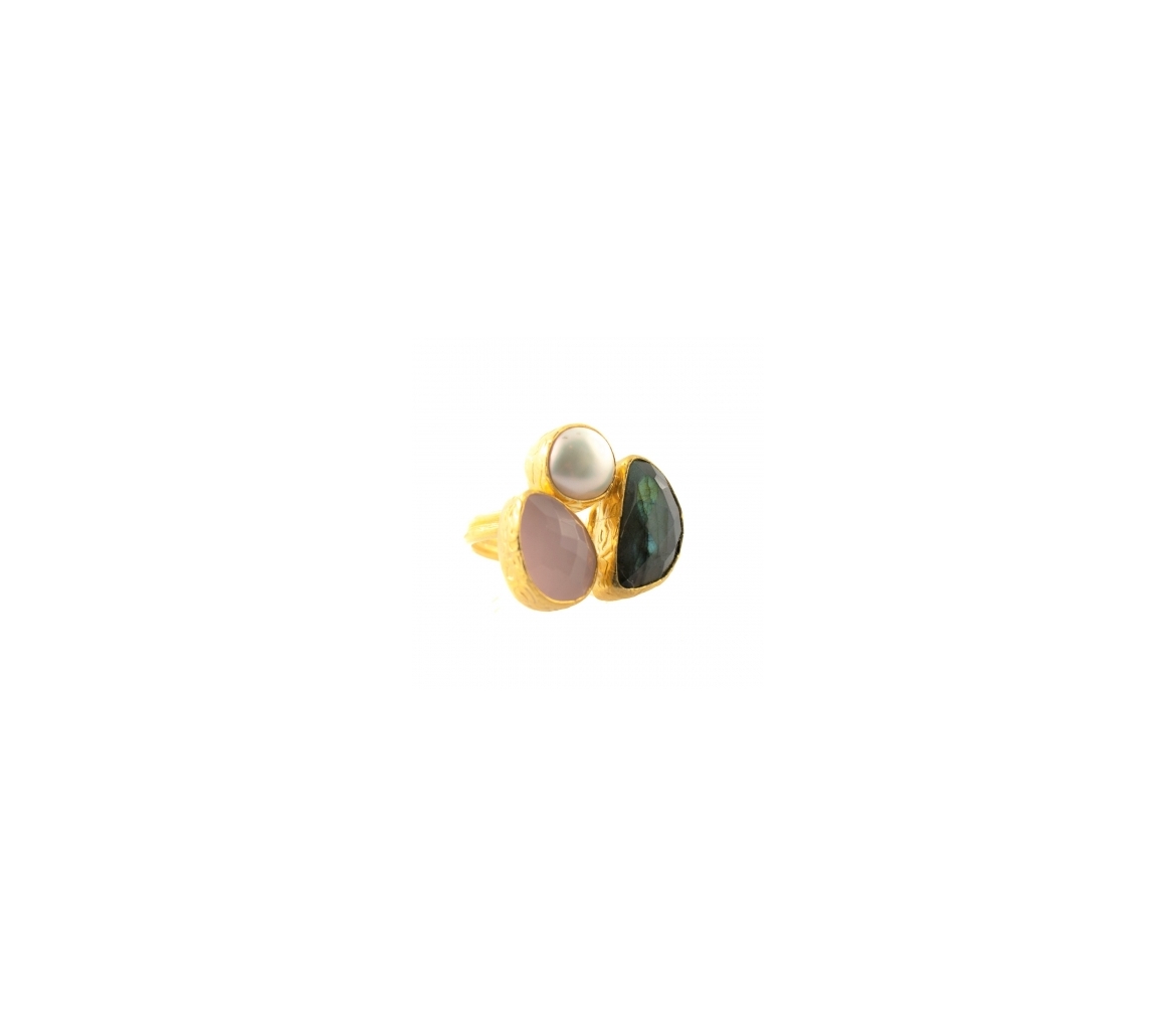 Goldplated bronze ring with pearl, labradorite and rose quartz - 1