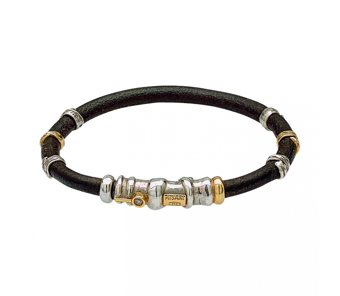 Leather bracelet with diamond and handmade gold and silver elements - 1