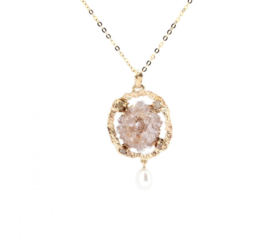 Złoty naszyjnik z surowym kwarcem, surowymi diamentami i białą perłą - 1