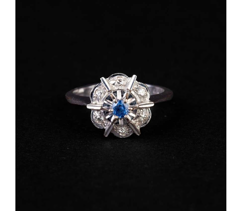 Pierścionek z diamentami i niebieskim kamieniem, vintage - 1