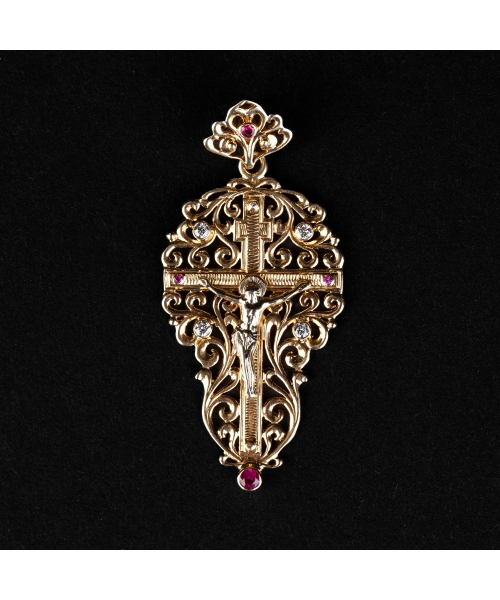 Gold openwork Orthodox cross "Спаси и сохрани" pendant with diamonds and rubies, vintage - 1