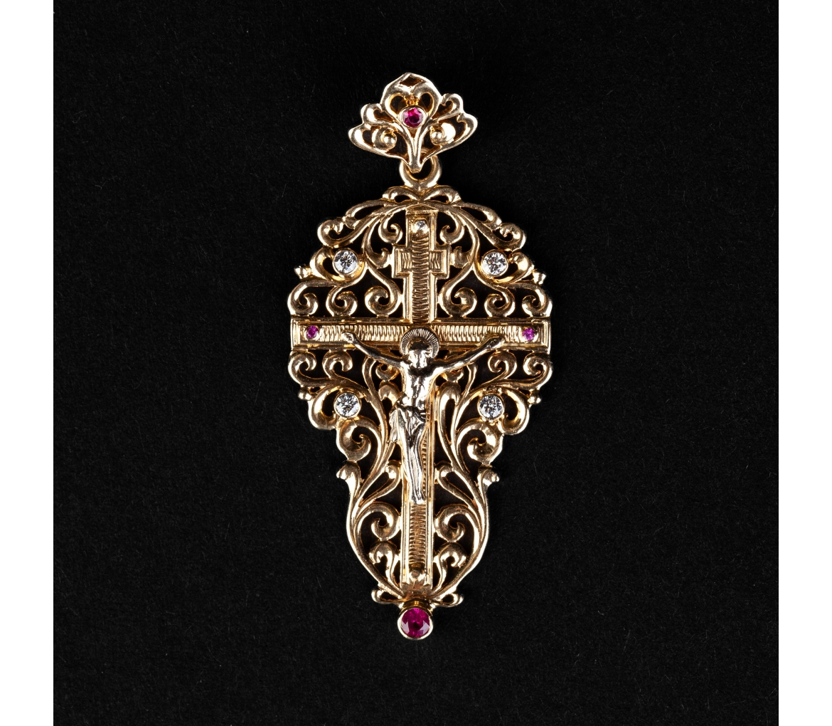 Gold openwork Orthodox cross "Спаси и сохрани" pendant with diamonds and rubies, vintage - 1