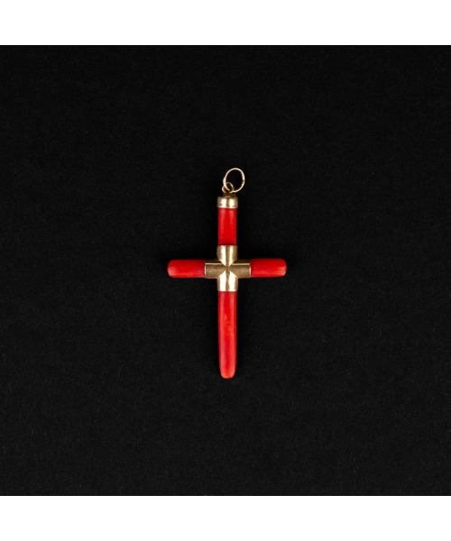 Gold cross pendant with coral, 19th century - 1