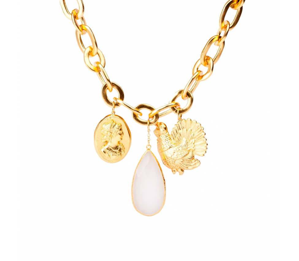 Goldplated bronze necklace with white chalcedony - 1