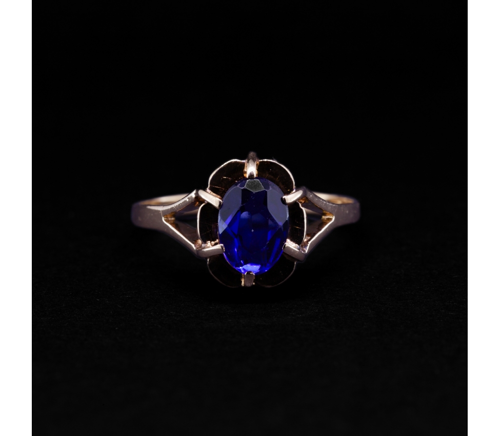 Złoty pierścionek ze szkłem kobaltowym, vintage - 1