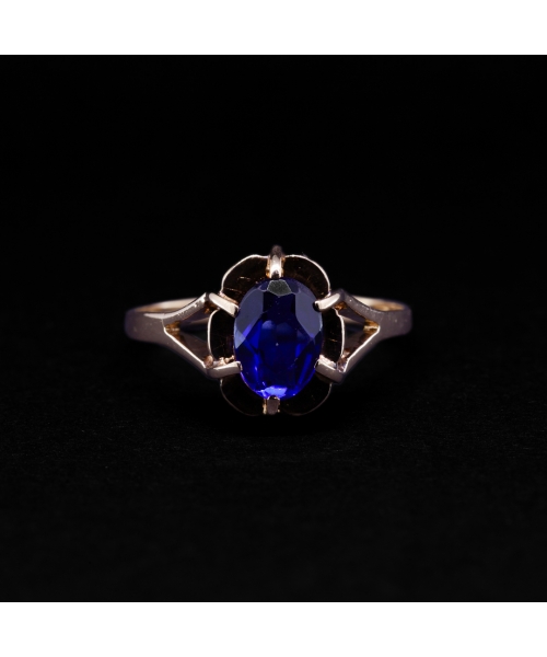 Złoty pierścionek ze szkłem kobaltowym, vintage - 1