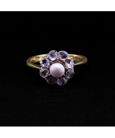 Złoty pierścionek z perłą i rozetami diamentowymi, vintage - 1