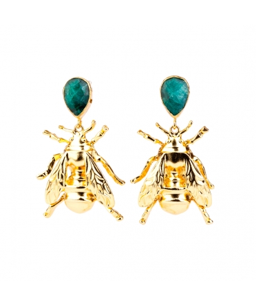 Goldplated bee bronze earrings with emerald - 1