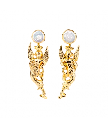 Goldplated bronze angel earrings with pearl - 1