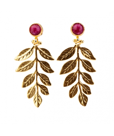 Goldplated bronze twig earrings with red jade - 1