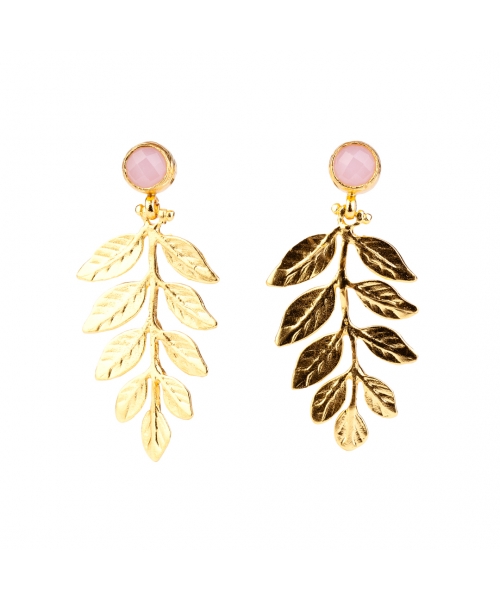 Goldplated bronze twig earrings with rose quartz - 1